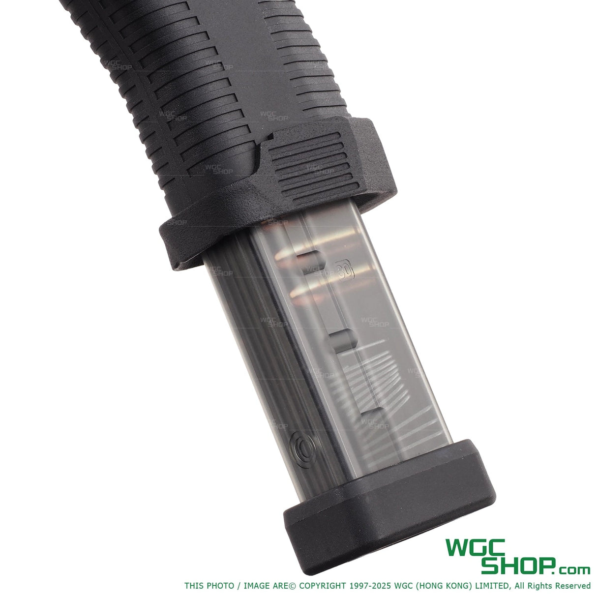 3D printed black nylon magwell attached to transparent pistol magazine with visible rounds