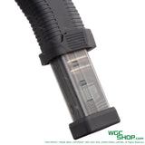 3D printed black nylon magwell attached to transparent pistol magazine with visible rounds