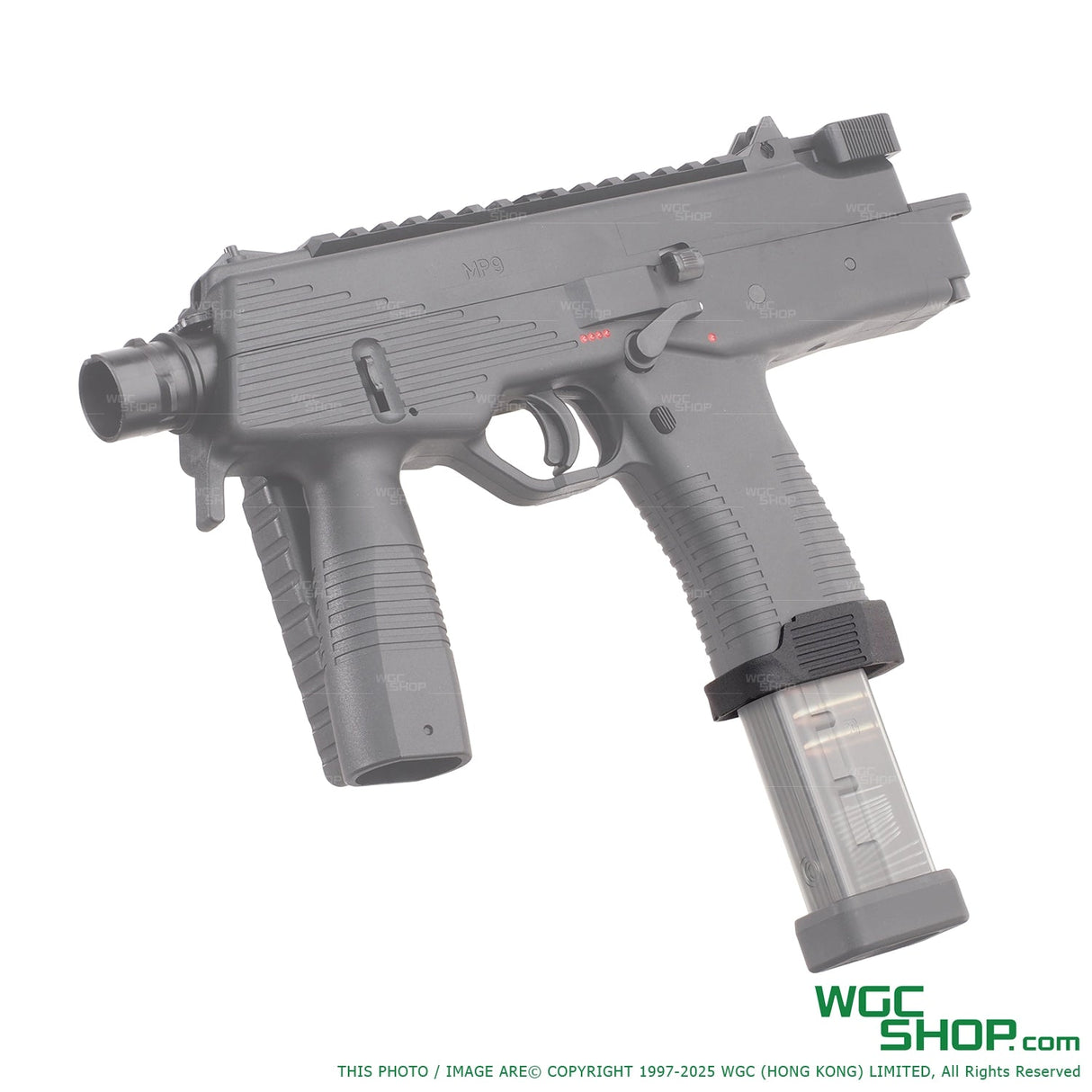 Black MP9 submachine gun with 3D printed nylon magwell and transparent magazine on white background