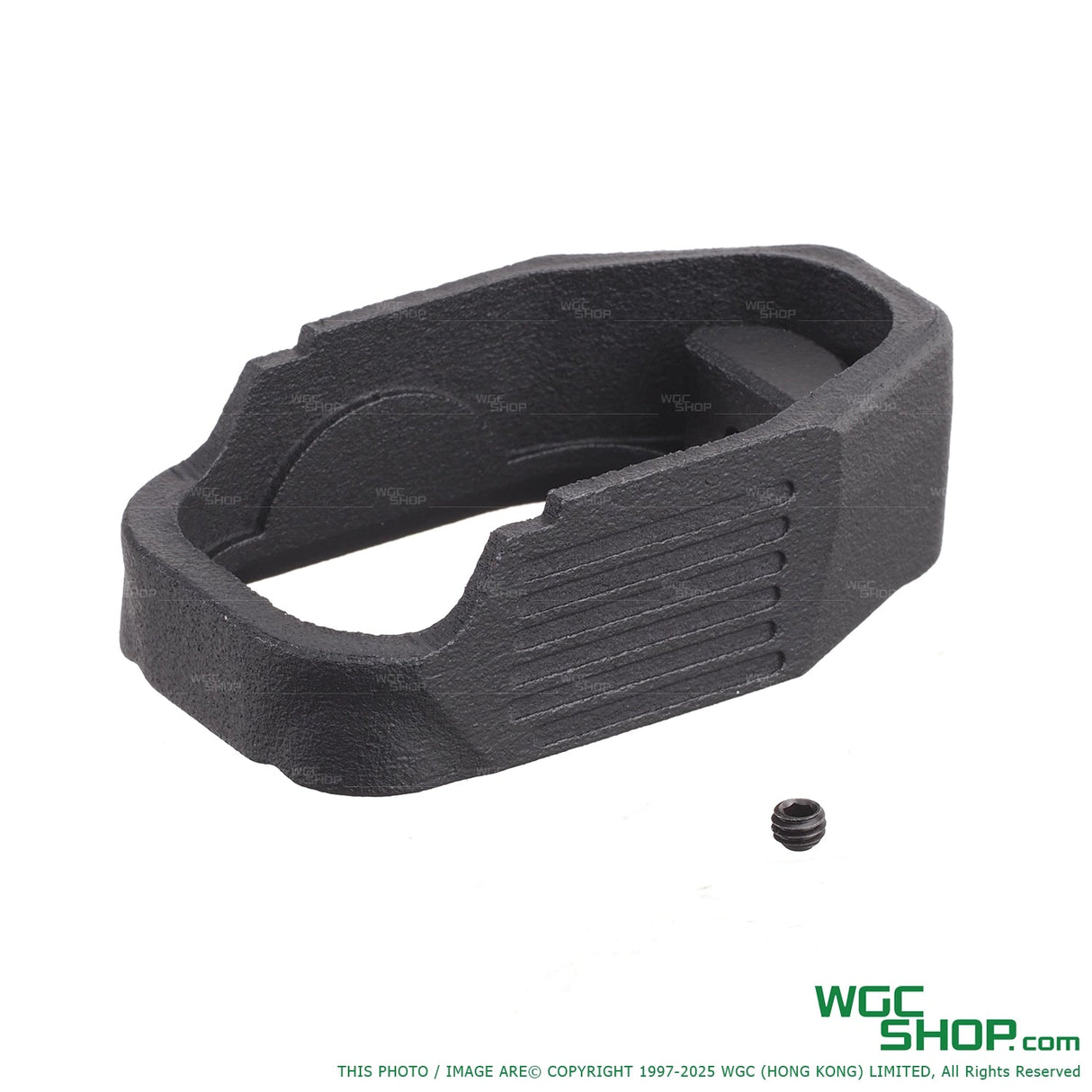 3D printed black nylon magazine well with small screw on white background