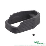 3D printed black nylon magazine well with small screw on white background