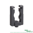 Black CNC machined aluminum reinforced part with a U-shaped design on white background