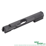 Black CZ Shadow 2 GBB pistol slide with detailed serrations isolated on white background