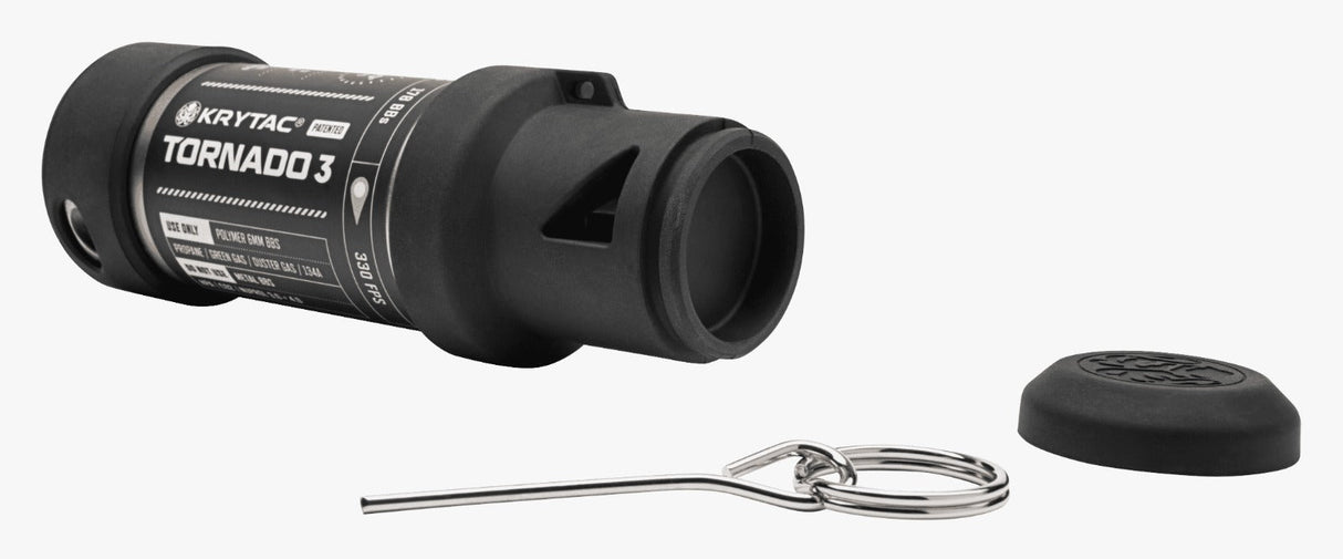 Krytac Tornado 3 black airsoft timed frag grenade with keyring pin and cap on white background