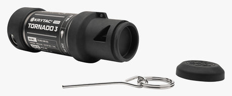 Krytac Tornado 3 black airsoft timed frag grenade with keyring pin and cap on white background