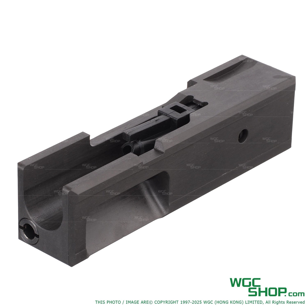 Black steel bolt carrier for Uzi Mini GBB airsoft gun on white background