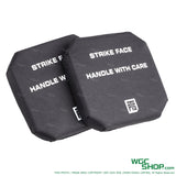 Two black tactical side plates with "Strike Face Handle With Care" text, lightweight armor inserts