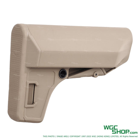Tan enhanced polymer adjustable rifle stock with textured buttpad for improved grip
