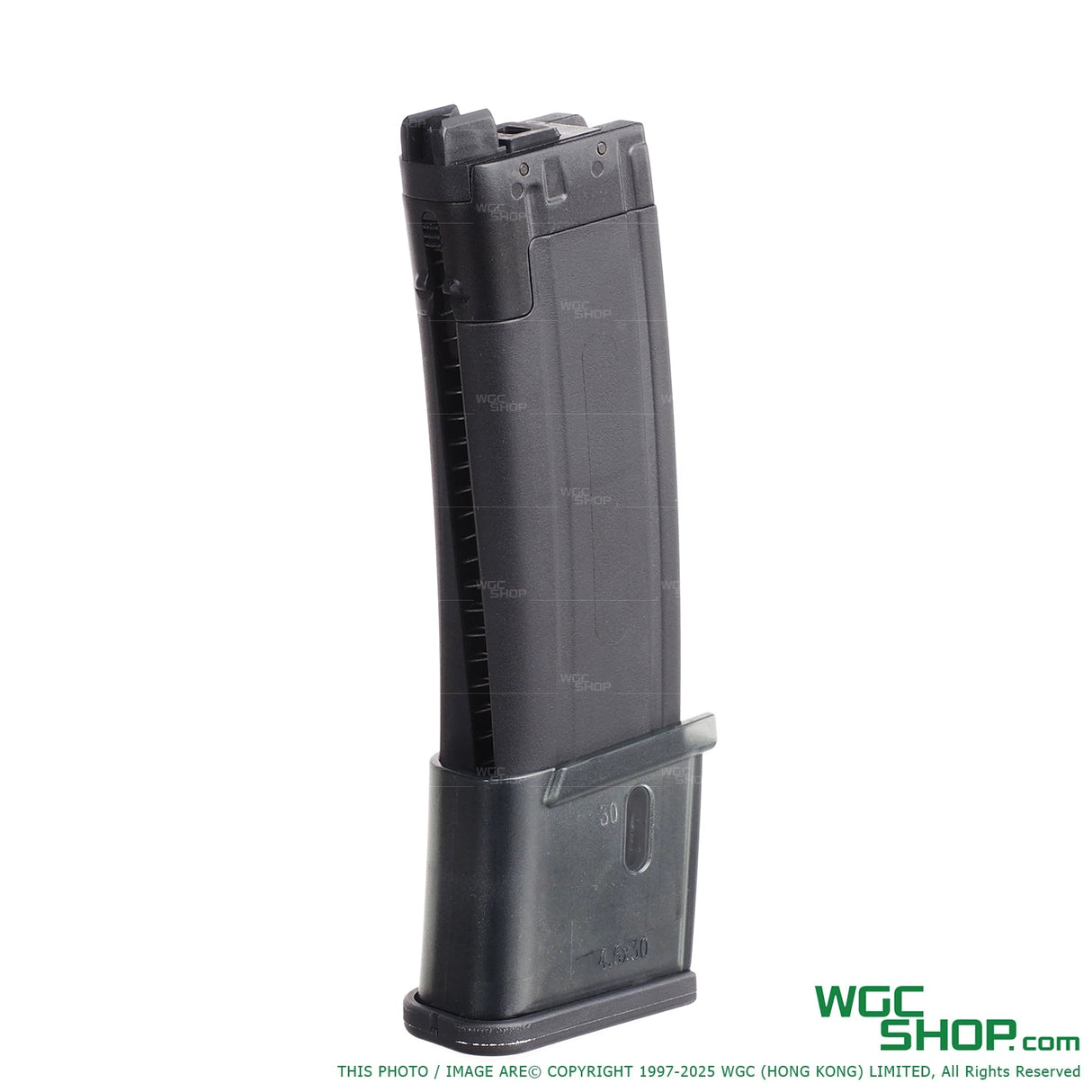 Black Reload MP7 30-round CO2 airsoft magazine with transparent base plate on white background