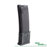 Black Reload MP7 30-round CO2 airsoft magazine with transparent base plate on white background