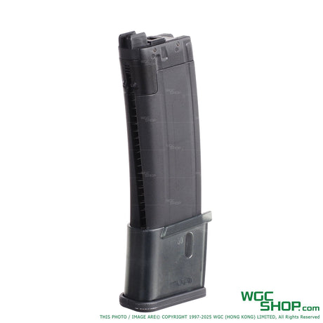 Black Reload MP7 30-round CO2 airsoft magazine with transparent base plate on white background
