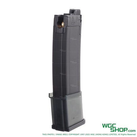 Reload MP7 30-round CO2 airsoft magazine in black with clear base on white background