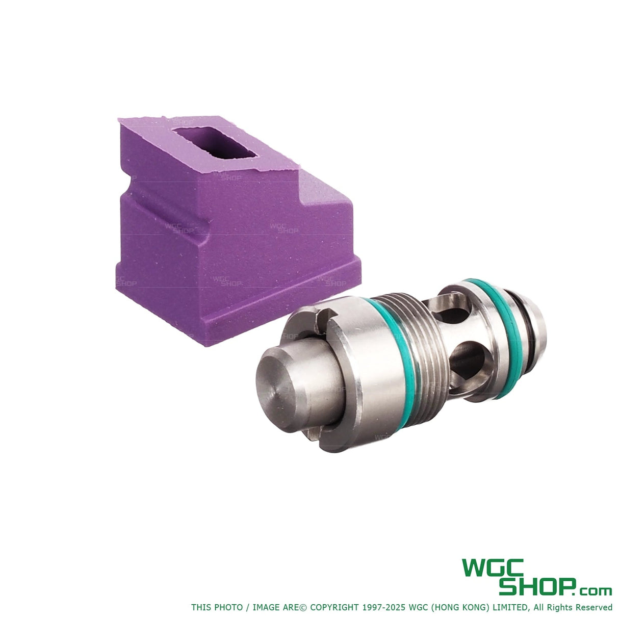stainless steel output valve with teal O-rings and a purple block accessory on white background