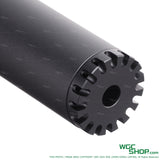 Close-up of black metal suppressor with unique vented end cap for SQD SMG task force