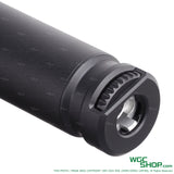 Close-up of a black Task Forces SQD SMG suppressor with detailed mounting end