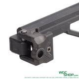 Close-up of black Tokyo Marui folding 20mm rail stock hinge mechanism on white background
