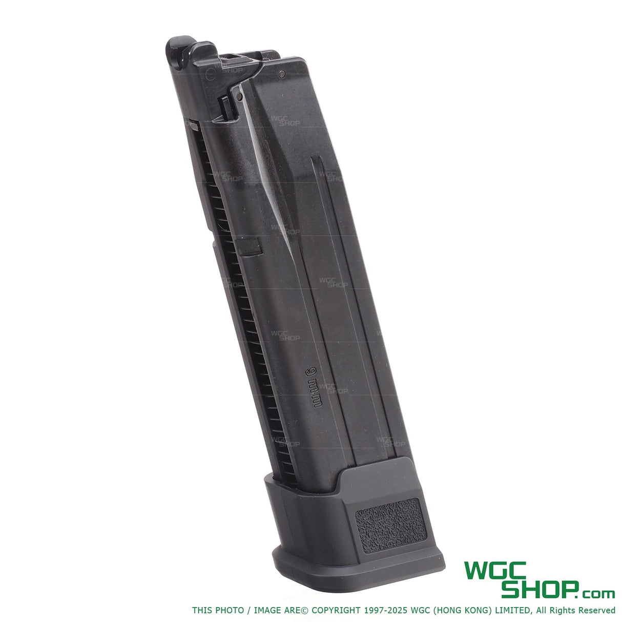 Tokyo Marui P320 32-round gas airsoft magazine in black with 9mm marking isolated on white
