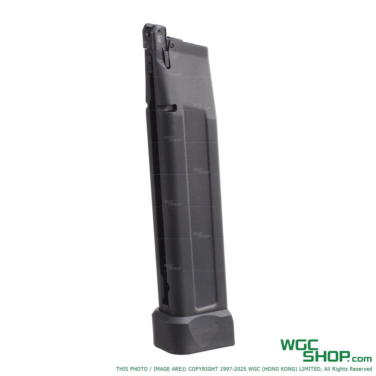 Black Hi-Capa gas airsoft magazine with extended base and matte finish on white background