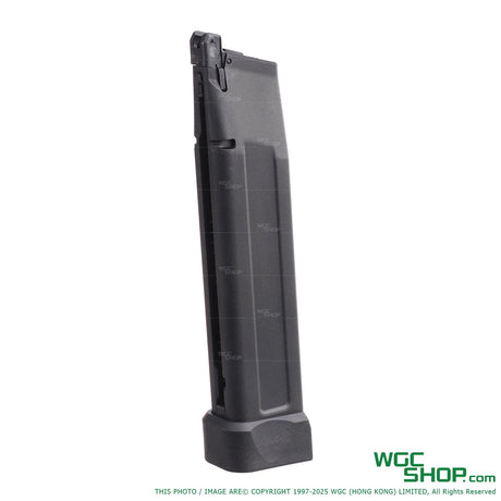 Black Hi-Capa gas airsoft magazine with extended base and matte finish on white background