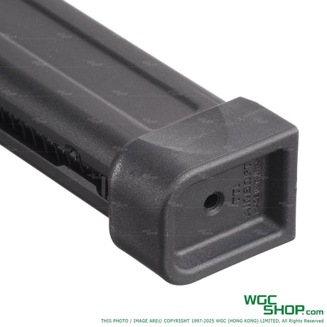 Close-up of TTI Airsoft 40-round CNC aluminum lightweight Hi-Capa gas magazine in black