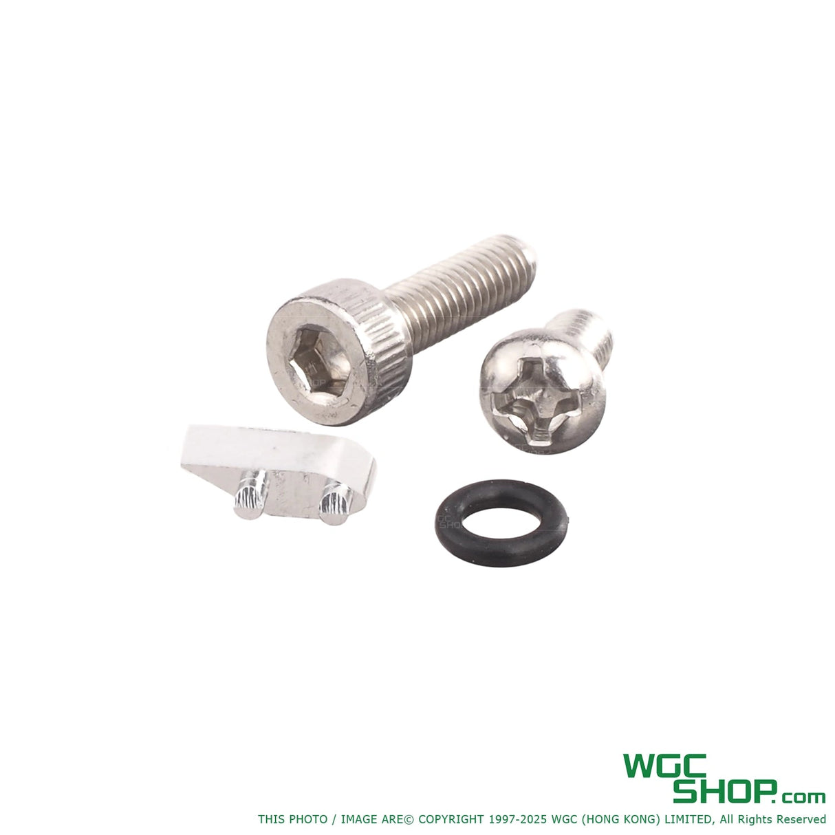 TTI Airsoft Hot Wheels lightweight metal screws, small part, and black O-ring on white background