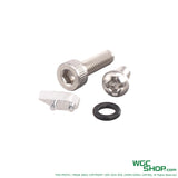 TTI Airsoft Hot Wheels lightweight metal screws, small part, and black O-ring on white background