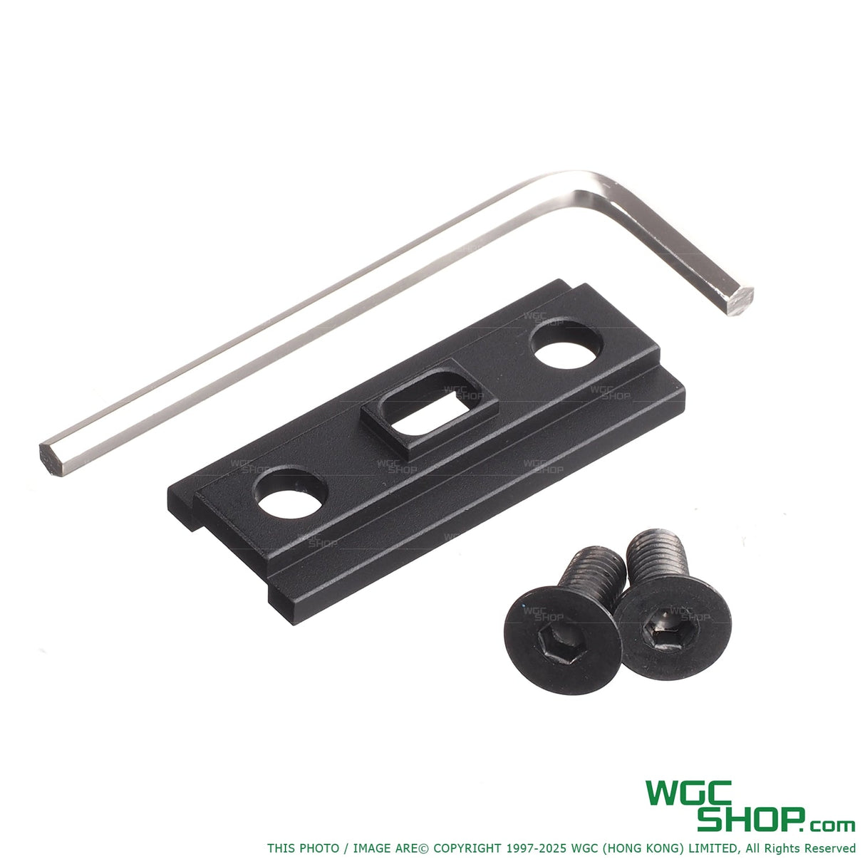 Black steel mounting plate with two screws and a silver hex key on white background