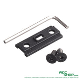 Black steel mounting plate with two screws and a silver hex key on white background