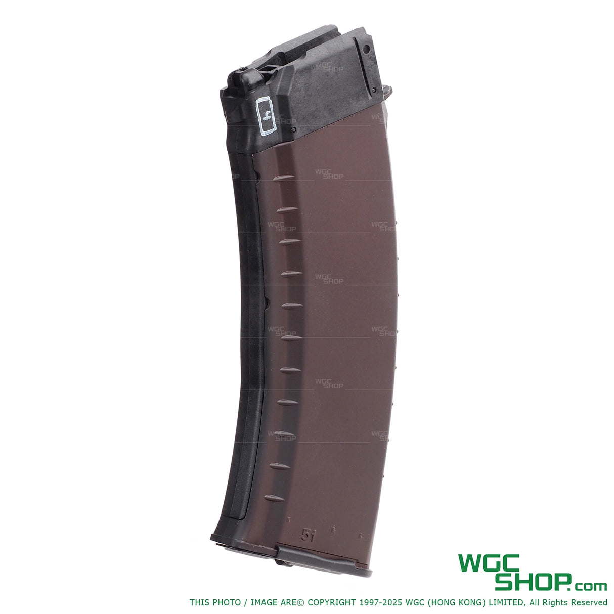 Left side view of VFC AVS74U / AKS74U gas airsoft magazine with WGCShop watermask
