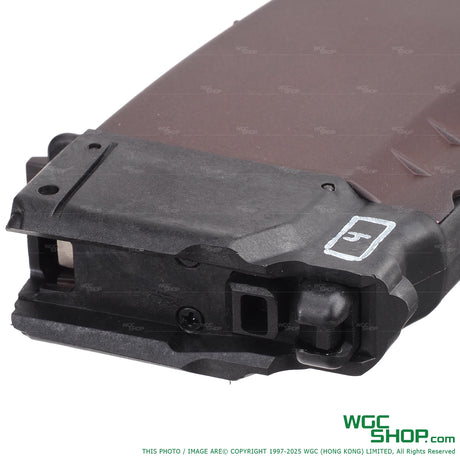 Top lose-up view of VFC AVS74U / AKS74U gas airsoft magazine with WGCShop watermask