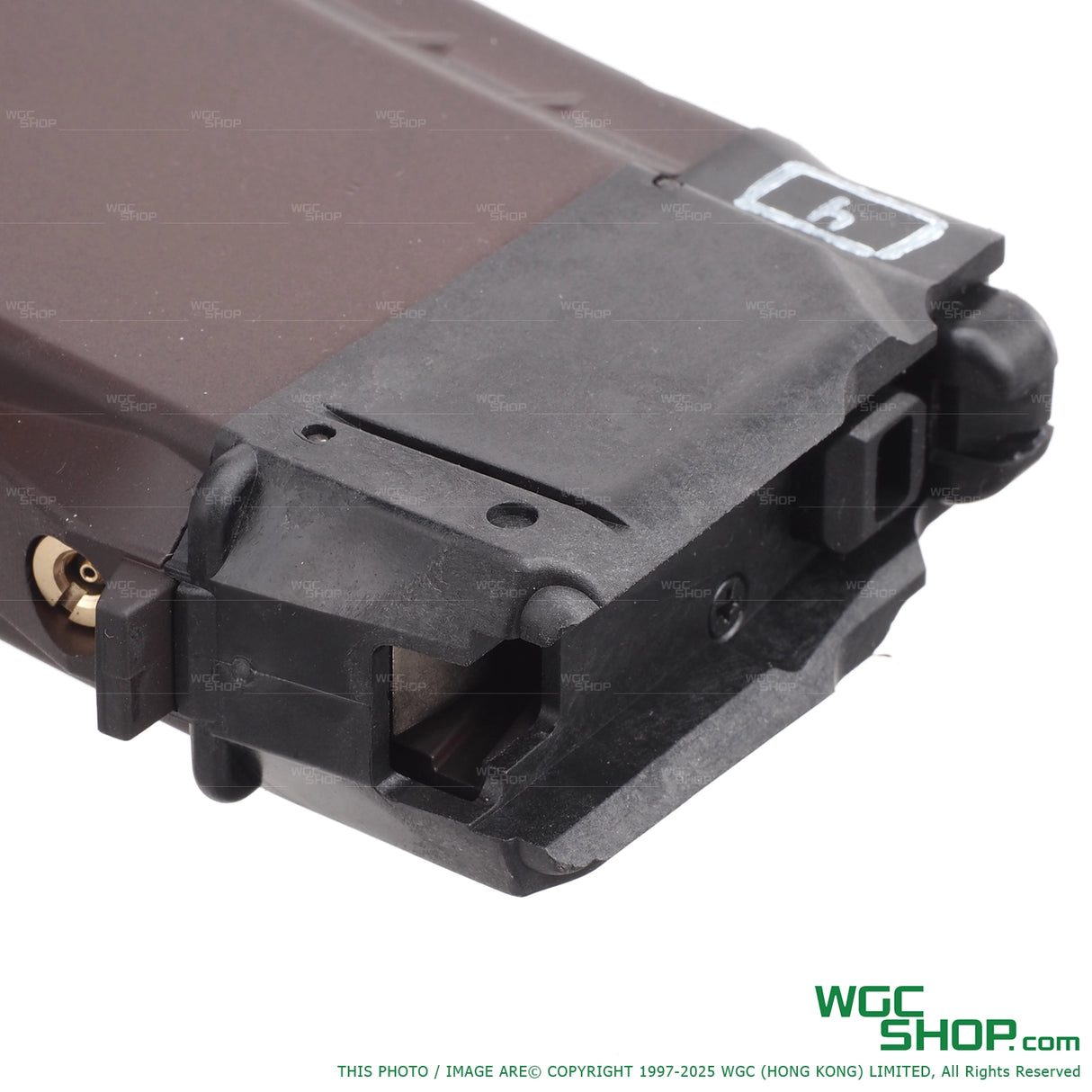 Top close-up view of VFC AVS74U / AKS74U gas airsoft magazine with WGCShop watermask