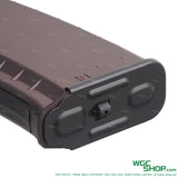 Bottom close-up view of VFC AVS74U / AKS74U gas airsoft magazine with WGCShop watermask