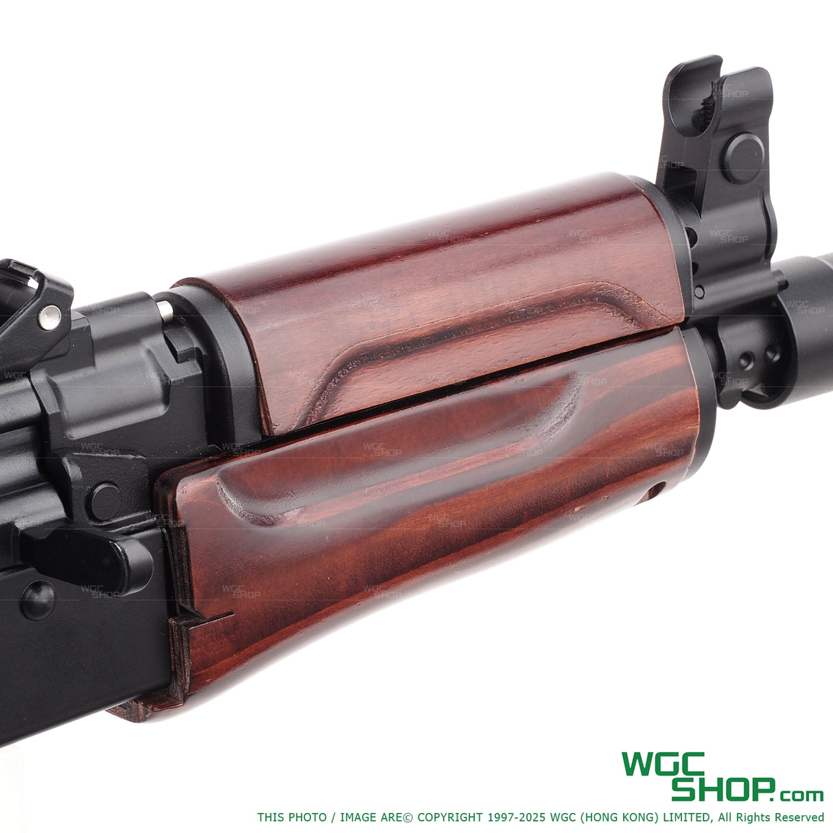 Wood handguard close-up of VFC AVS74U / AKS74U GBB airsoft with WGCShop watermask