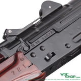 Close-up of VFC AKS-74U GBB airsoft rifle receiver with serial numbers and wood handguard