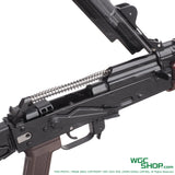Open black AK-style airsoft rifle showing recoil spring and internal components with brown grip