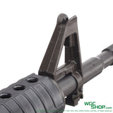 Close-up of front sight and barrel of VFC Colt M723 Carbine GBB airsoft rifle with black handguard