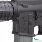 Close-up of Colt M16 A2 5.56mm rifle receiver with black handguard and magazine