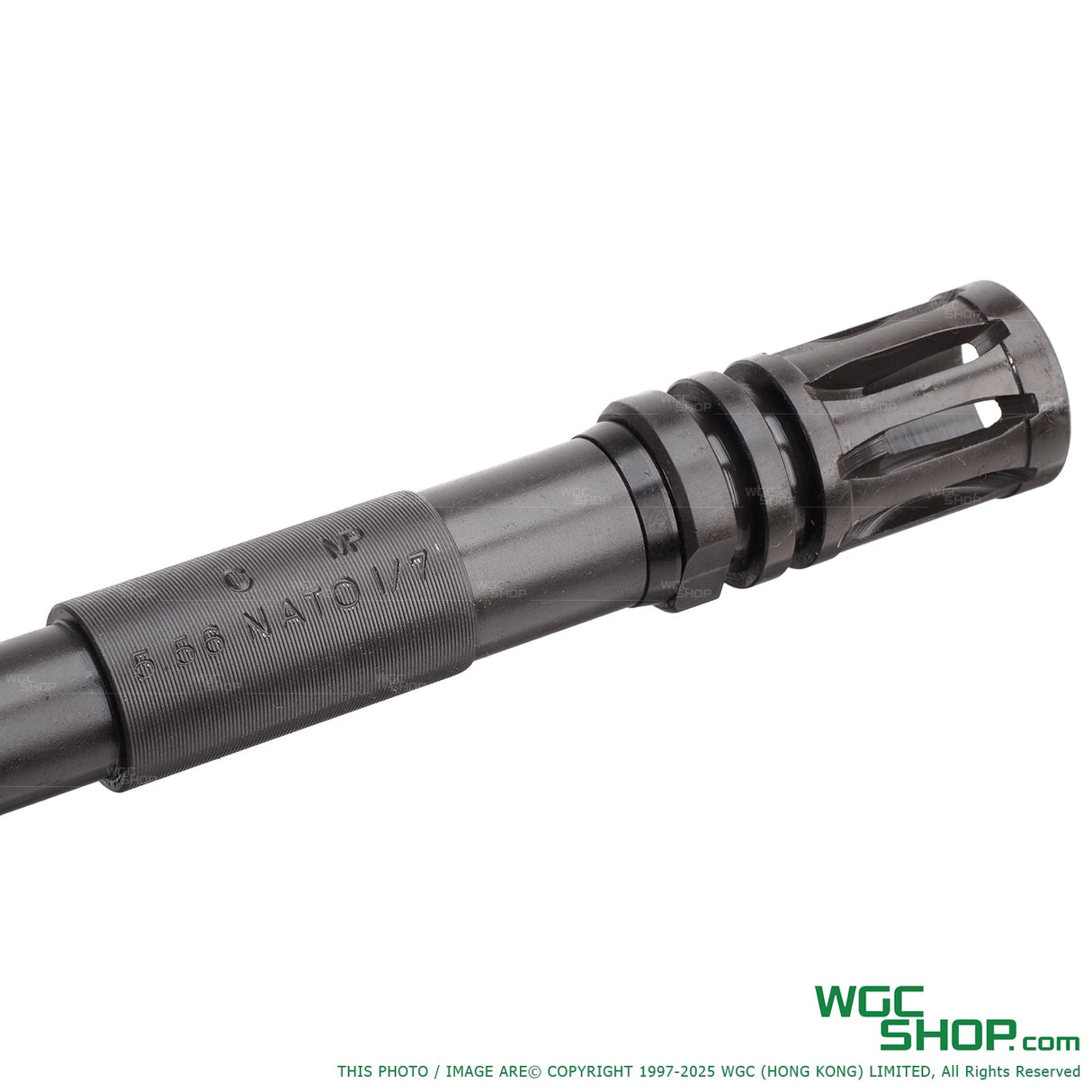 Close-up of black 5.56 NATO 1/7 rifle barrel with flash hider on white background