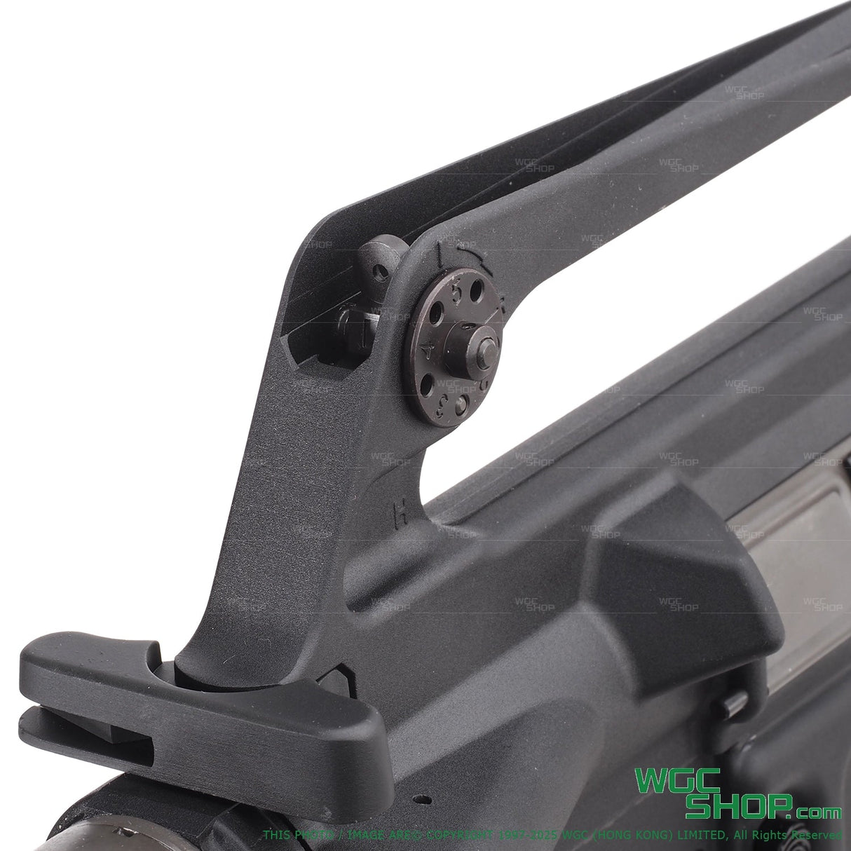 Close-up of black rear sight and carrying handle on VFC Colt M723 Carbine GBB airsoft rifle
