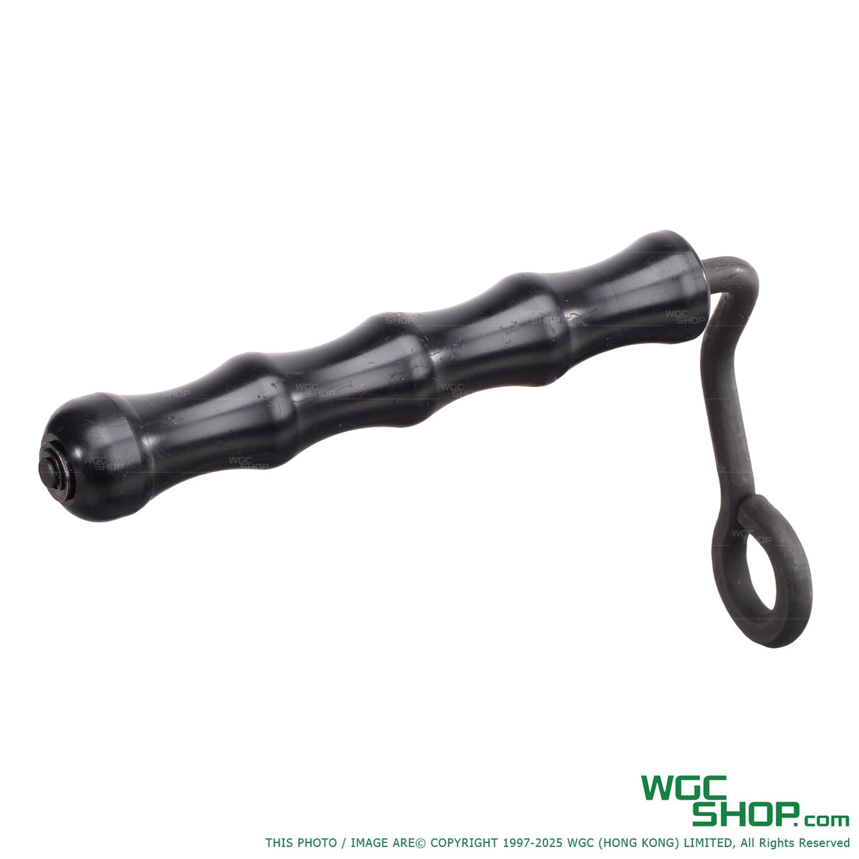 Black grooved plastic pistol grip with attached metal loop for airsoft or original parts