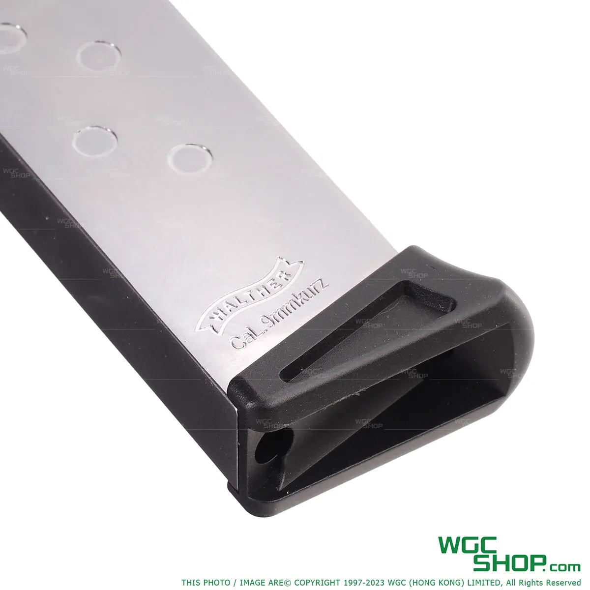 Close-up view of VFC PPK/S 13Rds Gas Airsoft Magazine - Silver