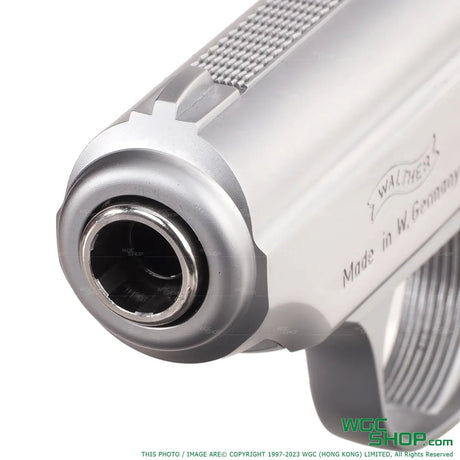 Front close-up of VFC PPK/S GBB Airsoft - Silver color