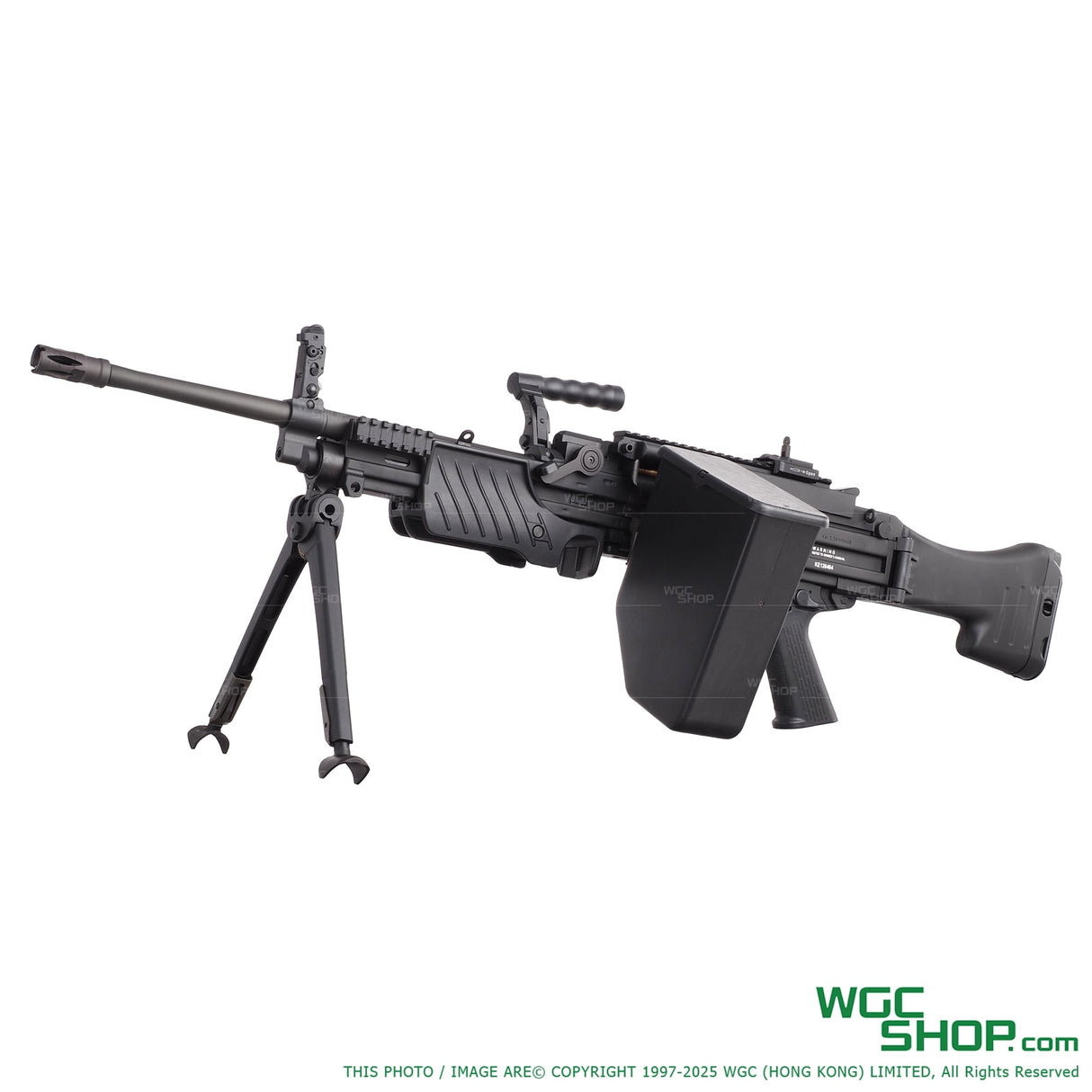 Black VFC Umarex MG4 electric airsoft AEG with bipod and box magazine on white background