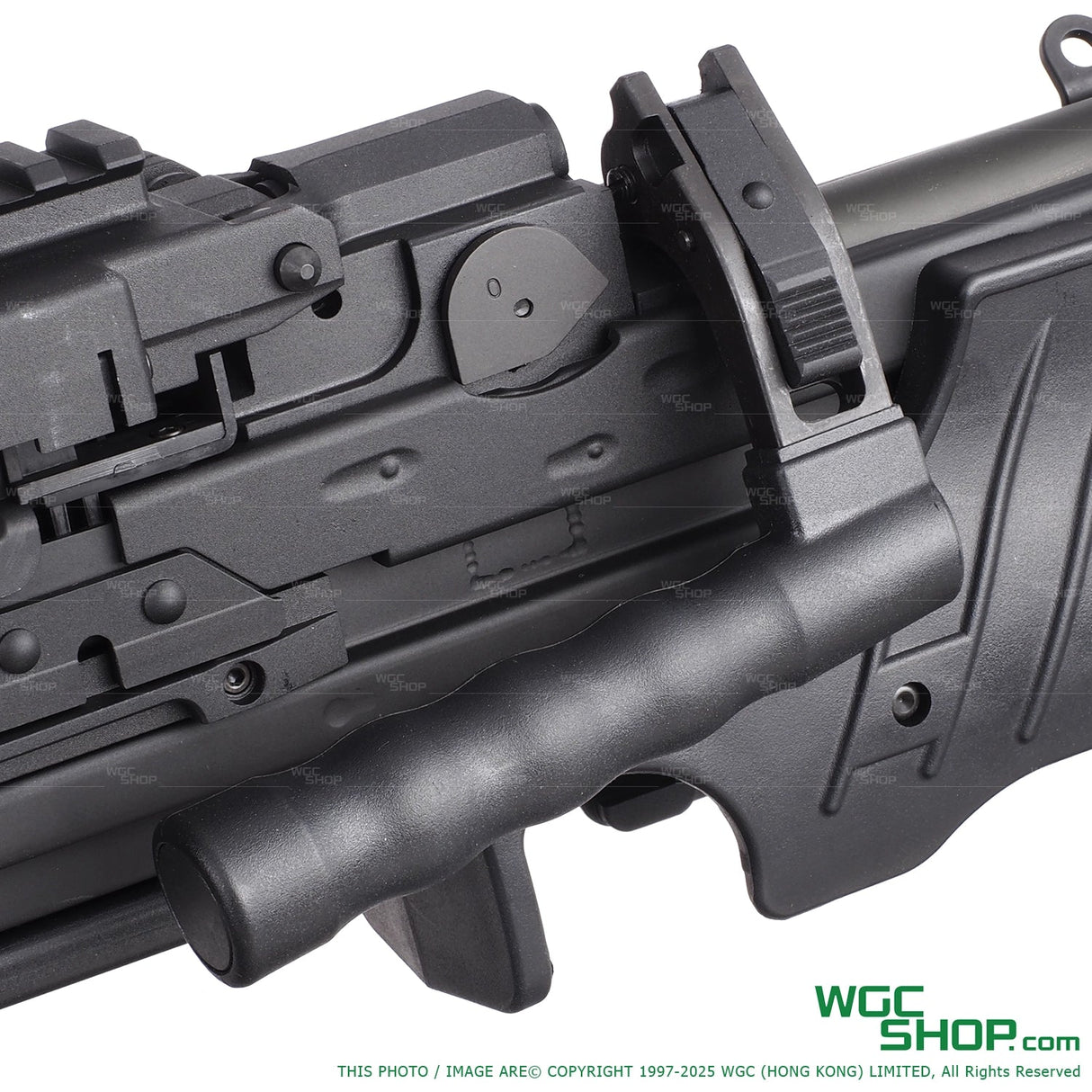 Close-up of black VFC Umarex MG4 electric airsoft machine gun AEG with sturdy foregrip and detailed receiver