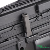 Close-up of black electric airsoft gun part with rail and charging handle