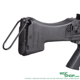 Black folding stock and pistol grip of VFC Umarex MG4 electric airsoft AEG on white background