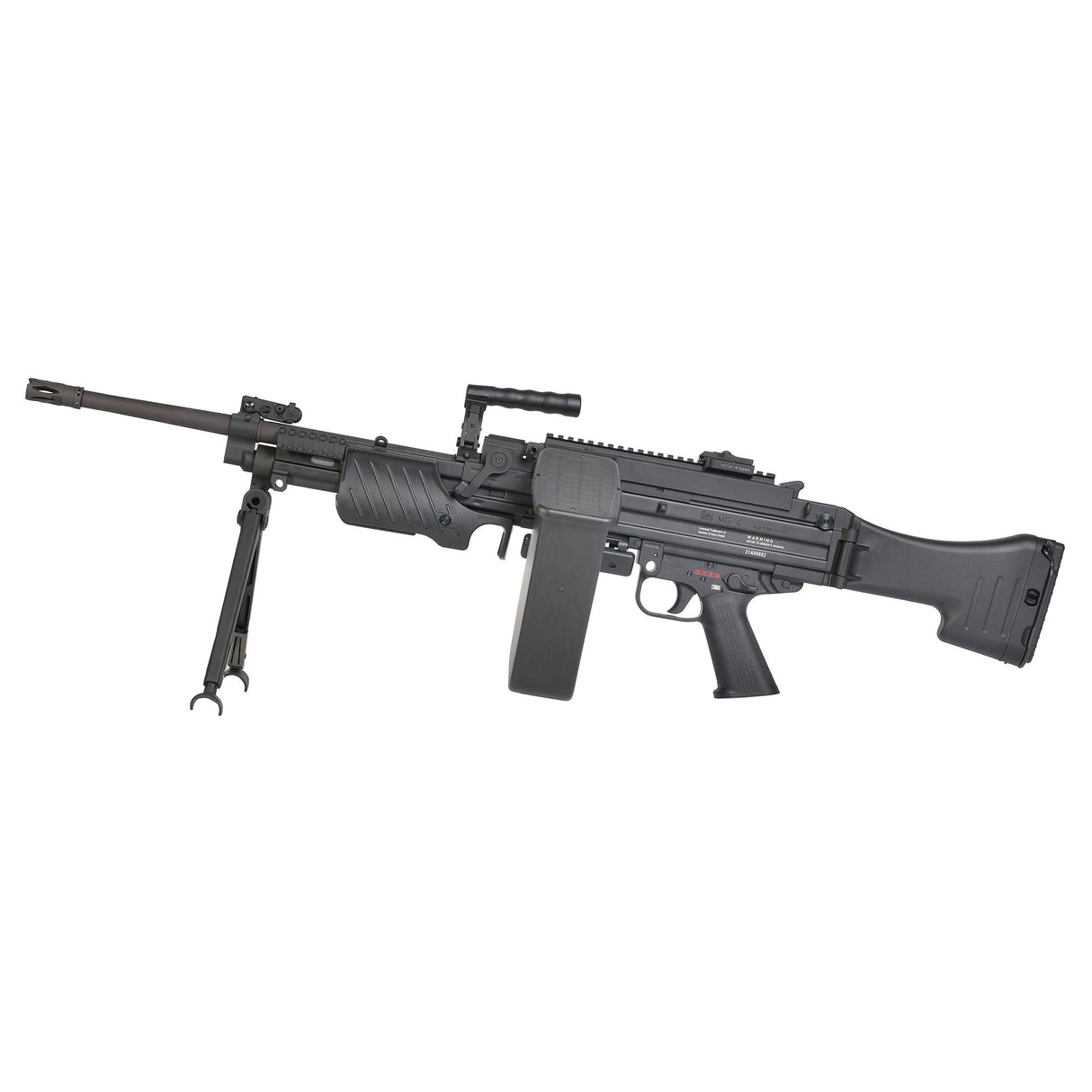 VFC Umarex MG4 electric airsoft AEG machine gun with bipod and black stock on white background