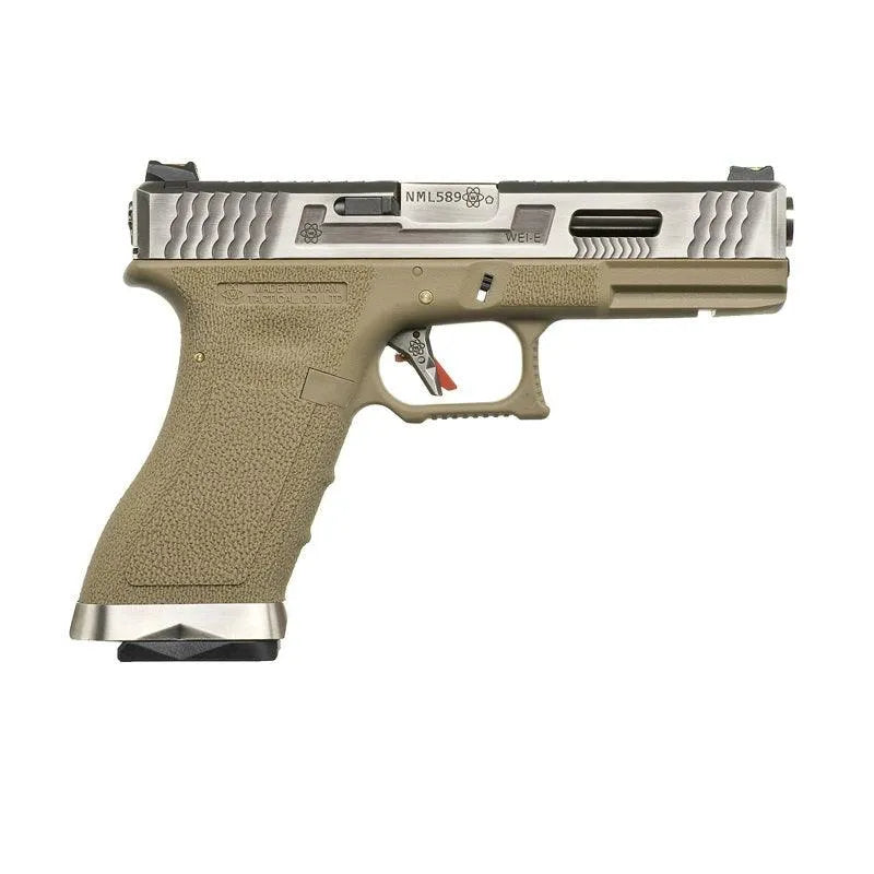 WE 17 T8 GBB Airsoft ( Silver Slide / Silver Barrel / Tan Frame ) - WGC Shop